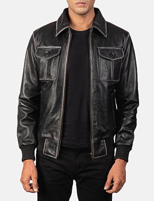 Aaron Black Leather Bomber Jacket