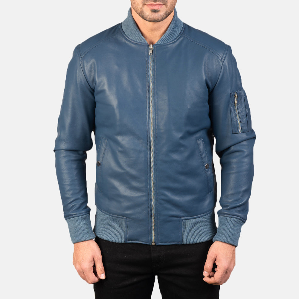 Bomia Ma-1 Blue Leather Bomber Jacket