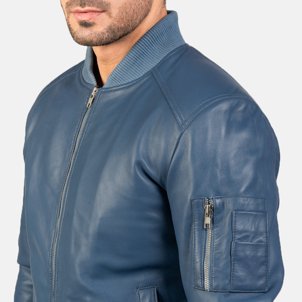 Bomia Ma-1 Blue Leather Bomber Jacket