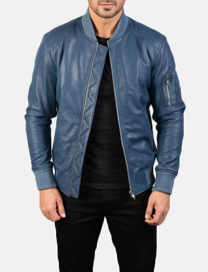 Bomia Ma-1 Blue Leather Bomber Jacket