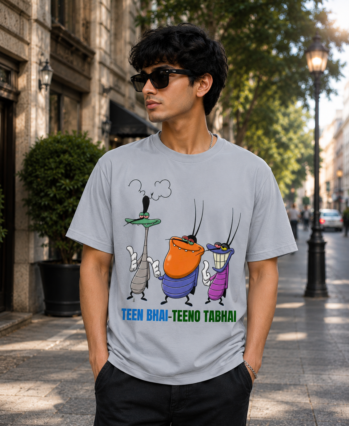 Teen Bhai Teeno Tabhai Oversized T-Shirt | Funny Cartoon by Let's Wears