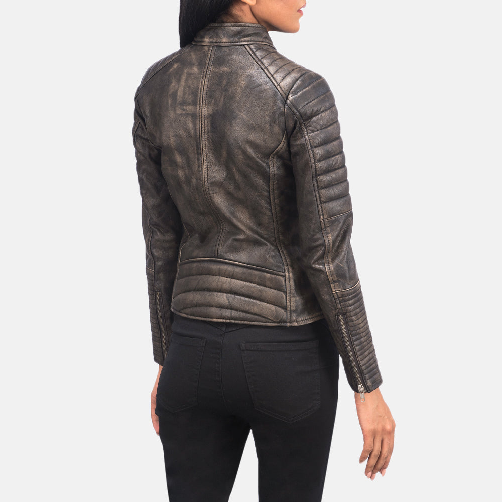 Adalyn Quilted Distressed Brown Leather Biker Jacket