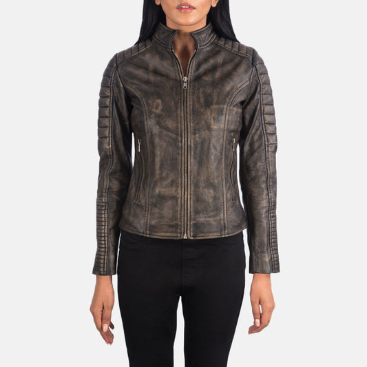 Adalyn Quilted Distressed Brown Leather Biker Jacket