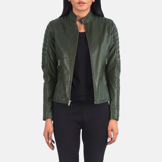 Adalyn Quilted Green Leather Biker Jacket