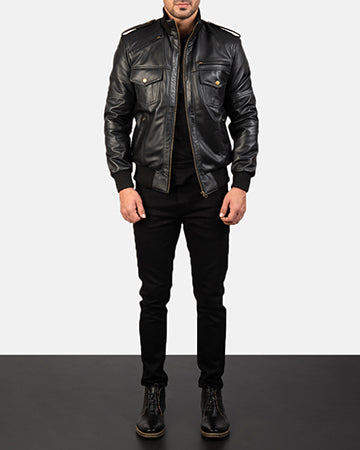 Agent Shadow Black Leather Bomber Jacket