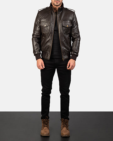 Agent Shadow Brown Leather Bomber Jacket