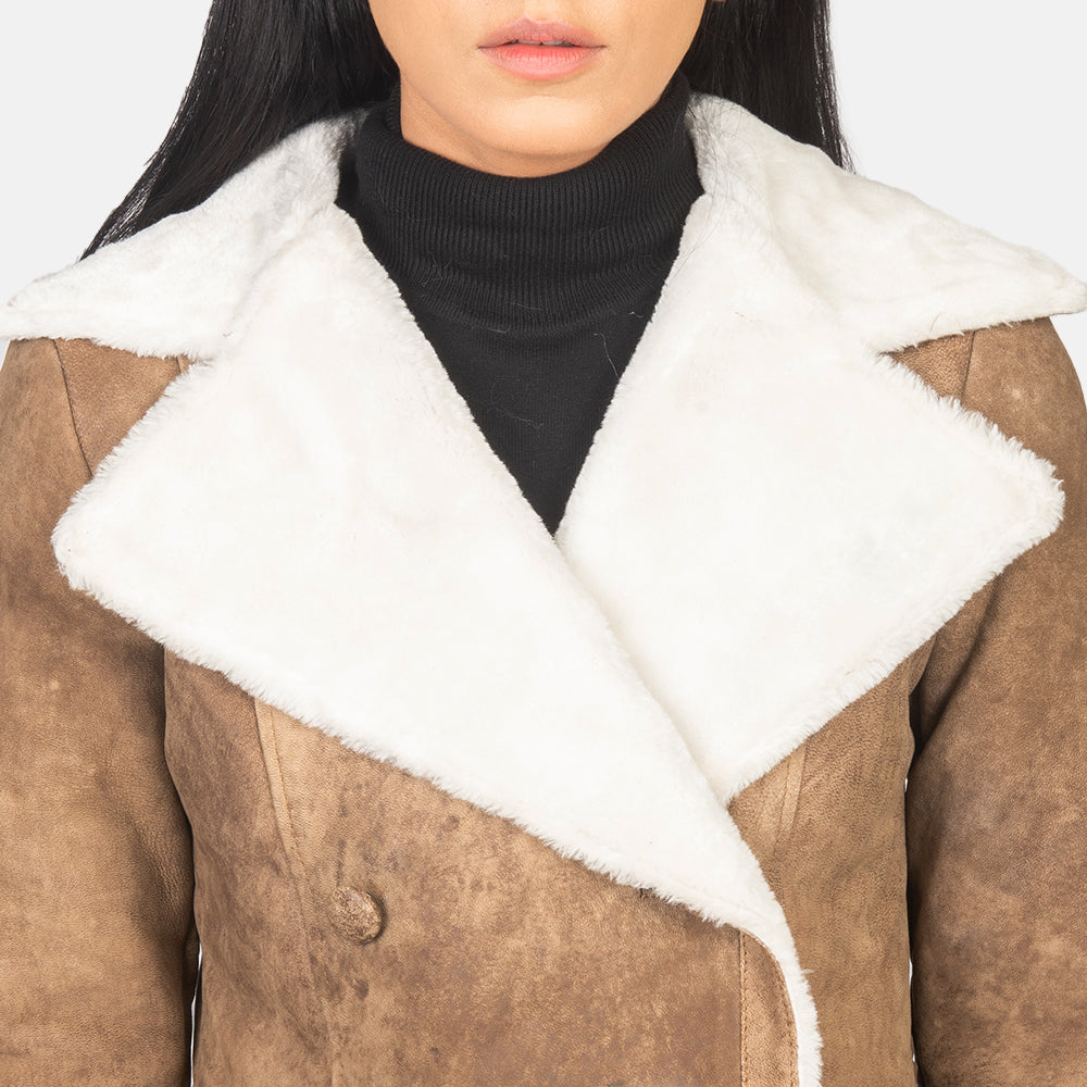 Amie Distressed Brown Double Breasted Shearling Coat