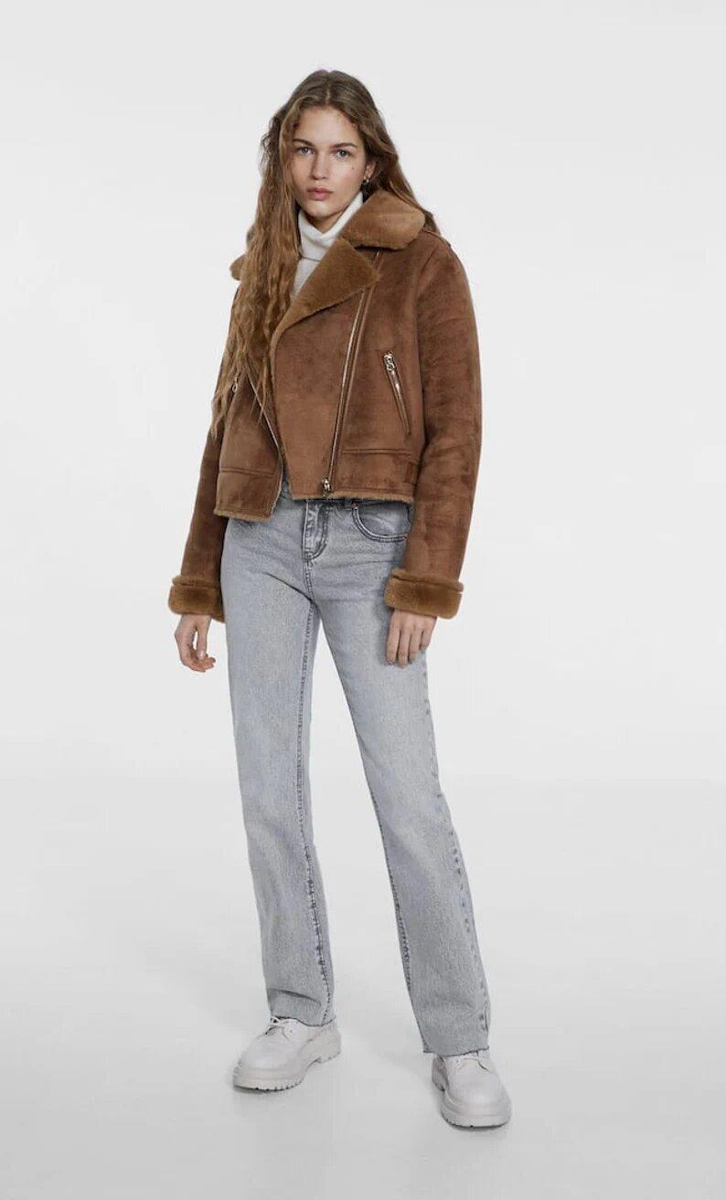 Aviator Bomber Shearling Suede Leather Jacket For Women