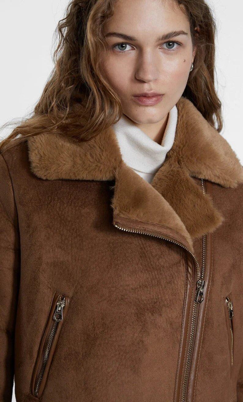 Aviator Bomber Shearling Suede Leather Jacket For Women