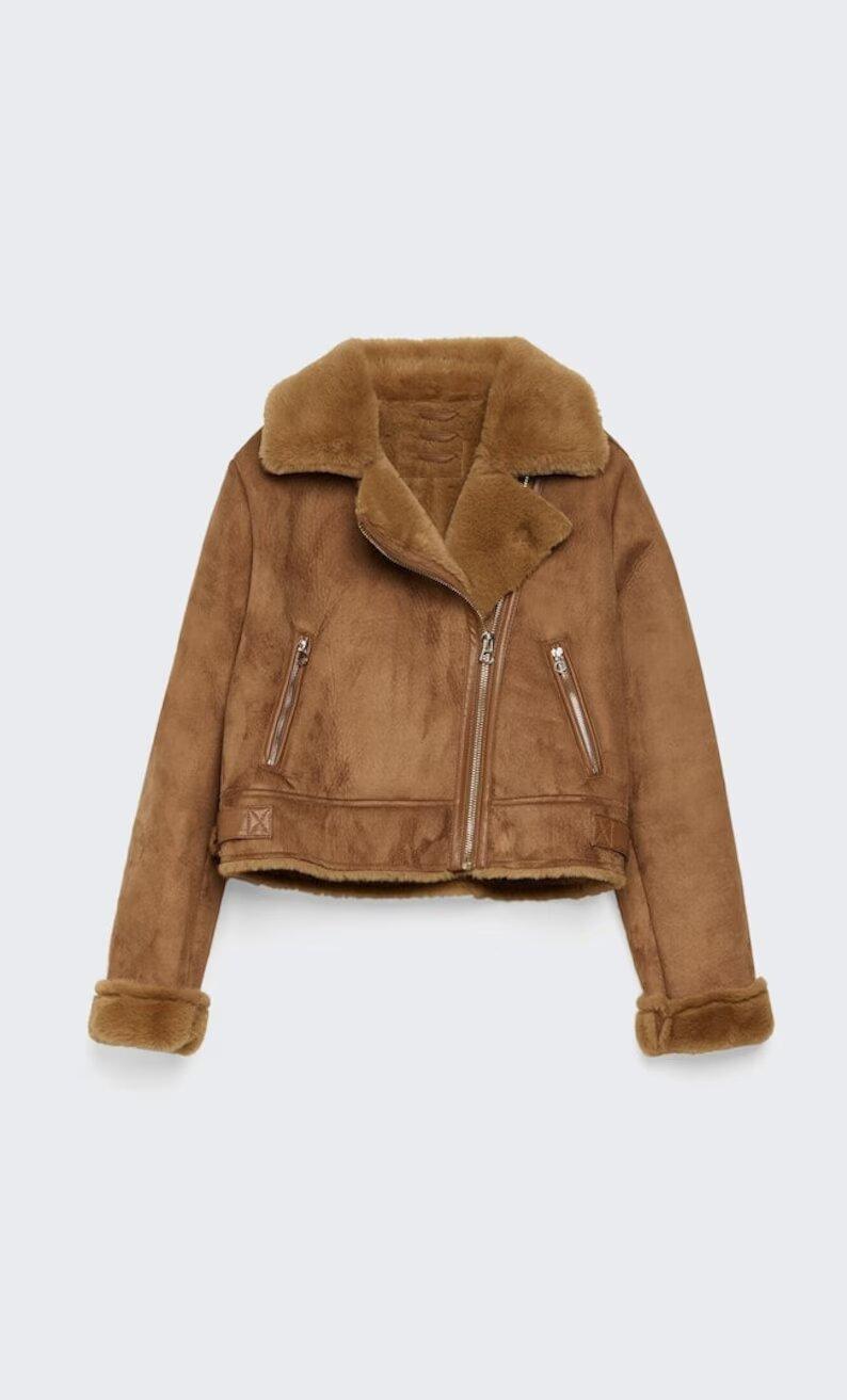 Aviator Bomber Shearling Suede Leather Jacket For Women