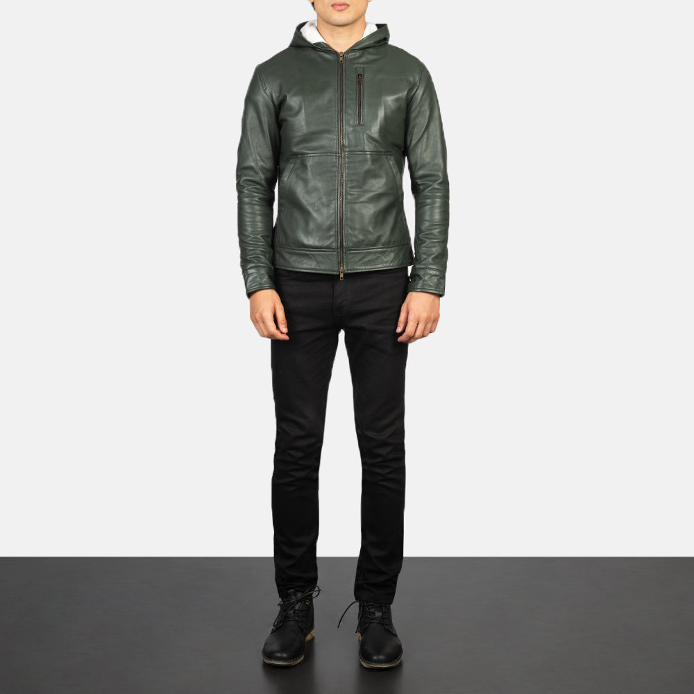 Baston Green Hooded Leather Bomber Jacket