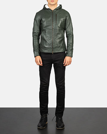 Baston Green Hooded Leather Bomber Jacket