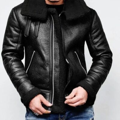 Black Aviator Flight Sherpa Leather Jacket For Men