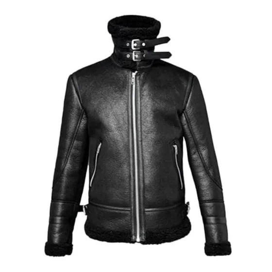 Black Aviator Flight Sherpa Leather Jacket For Men