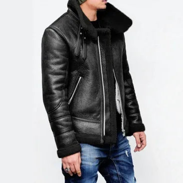 Black Aviator Flight Sherpa Leather Jacket For Men