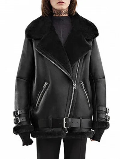 Black Bomber Shearling Women’s Leather Jacket