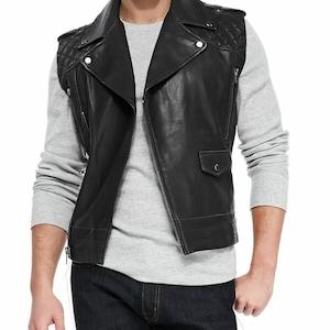 Black Cafe Racer Quilted Leather Vest for Men