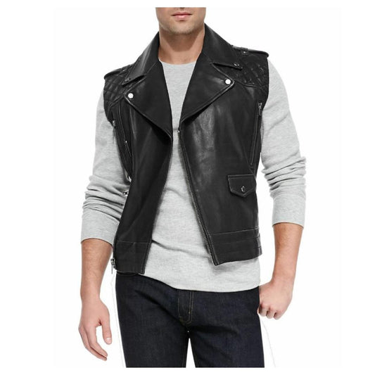 Black Cafe Racer Quilted Leather Vest for Men