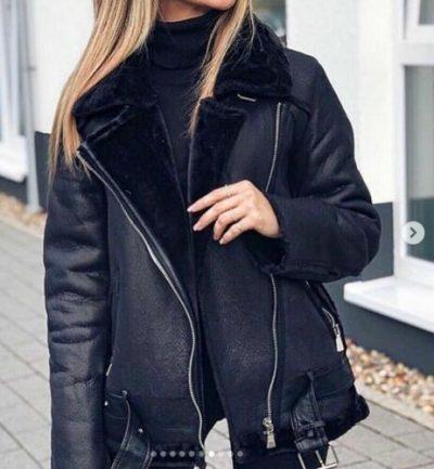 Black Fur Collar Shearling Leather Jacket for Women