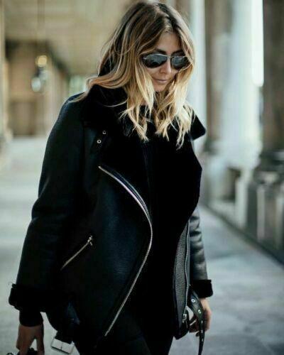 Black Fur Collar Shearling Leather Jacket for Women