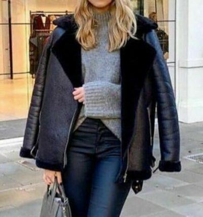 Black Fur Collar Shearling Leather Jacket for Women