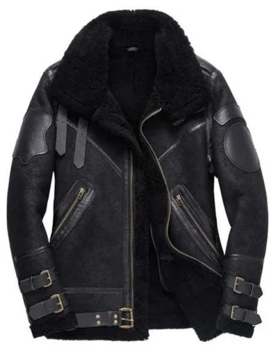 Black Motorcycle Bomber Aviator Sheepskin Leather Jacket for Men