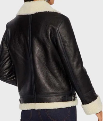 Black RAF Bomber Aviator Shearling Leather Jacket For Women