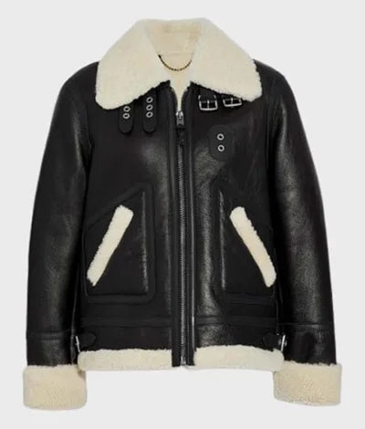 Black RAF Bomber Aviator Shearling Leather Jacket For Women