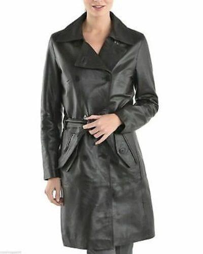 Black Real Sheepskin Leather Trench Coat for Women