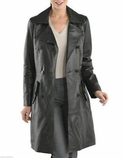 Black Real Sheepskin Leather Trench Coat for Women