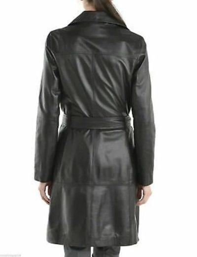 Black Real Sheepskin Leather Trench Coat for Women