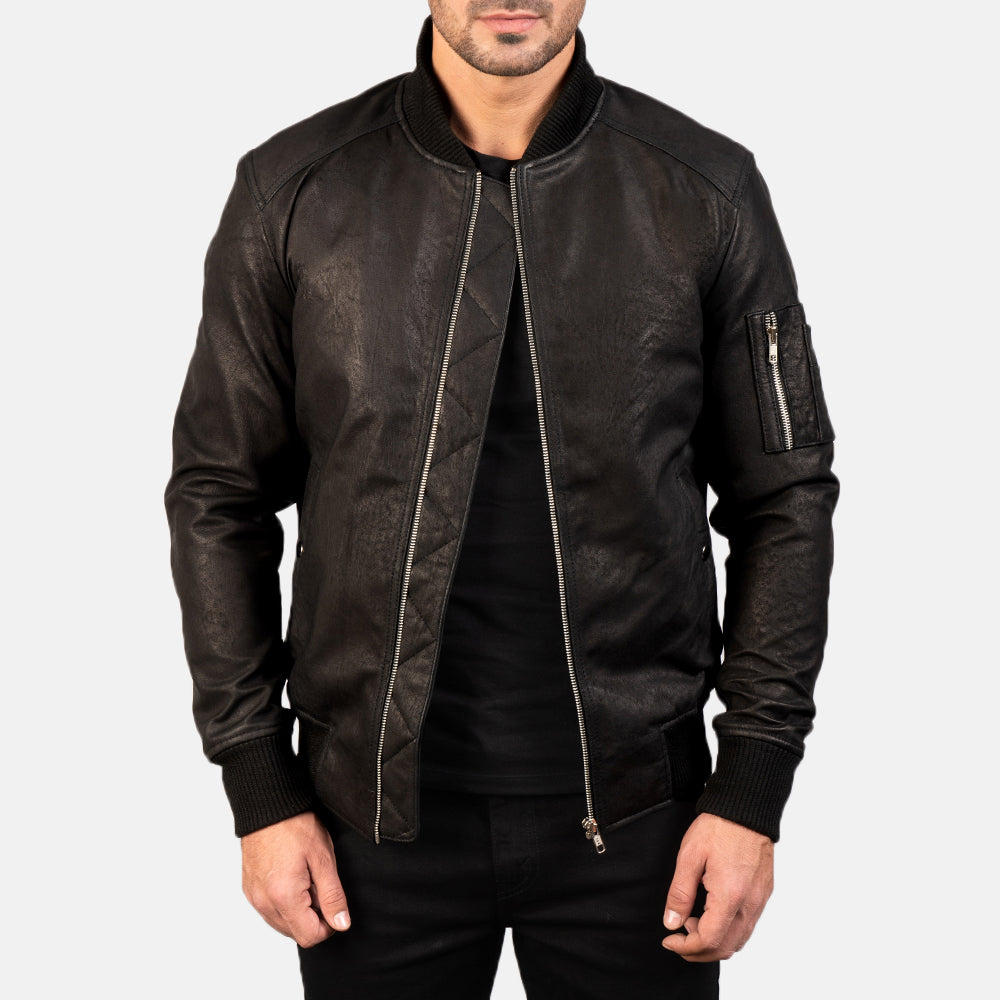 Bomia Ma-1 Distressed Black Leather Bomber Jacket