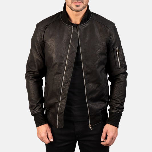 Bomia Ma-1 Distressed Black Leather Bomber Jacket