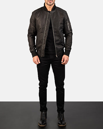 Bomia Ma-1 Distressed Black Leather Bomber Jacket