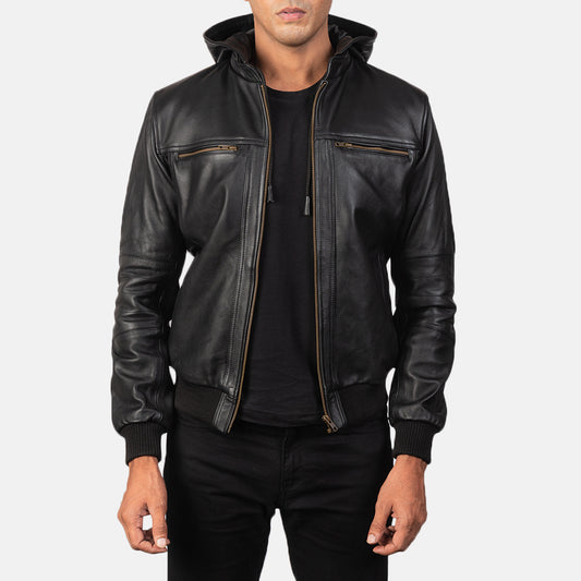 Hector Black Hooded Leather Biker Jacket