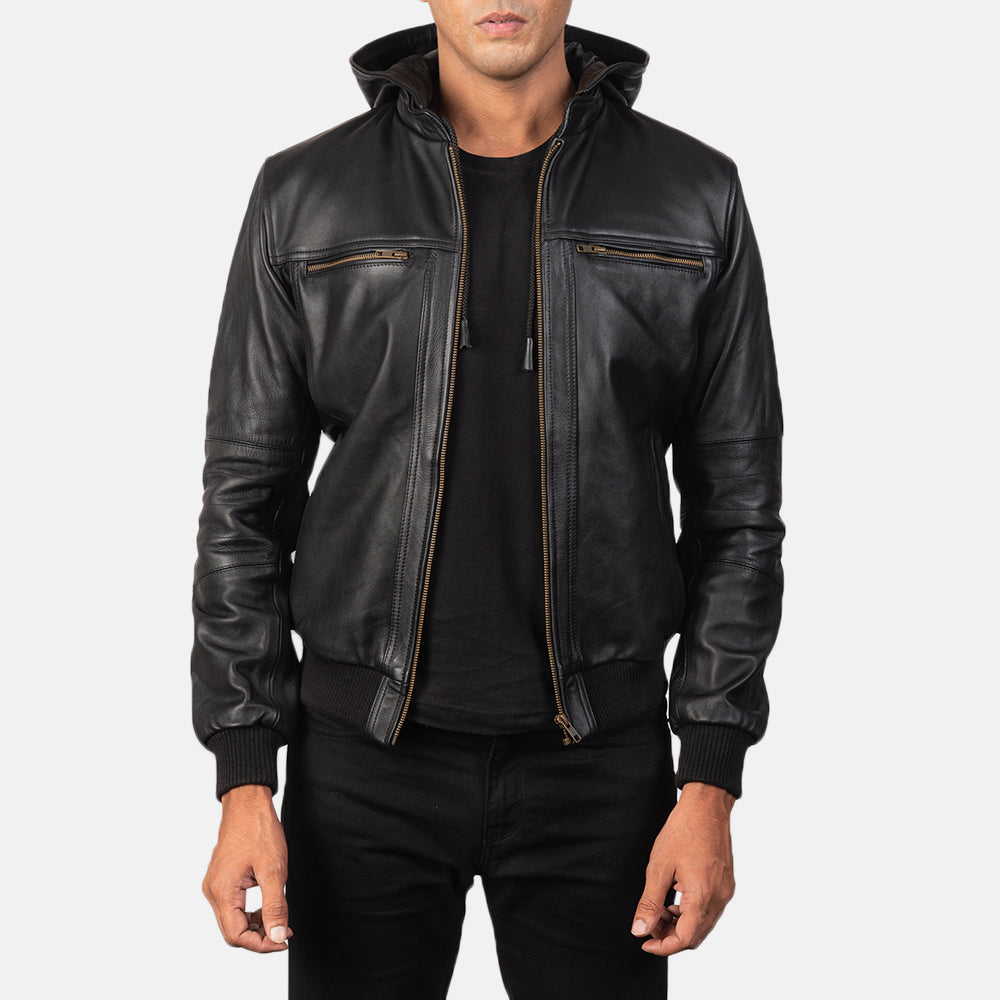 Agent Shadow Black Leather Bomber Jacket