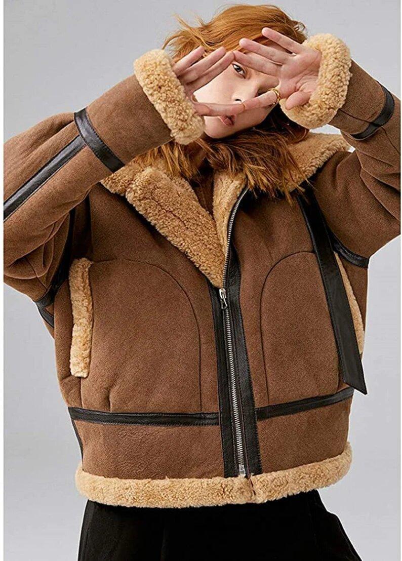 Brown Bomber Shearling Fur Leather Jacket for Women