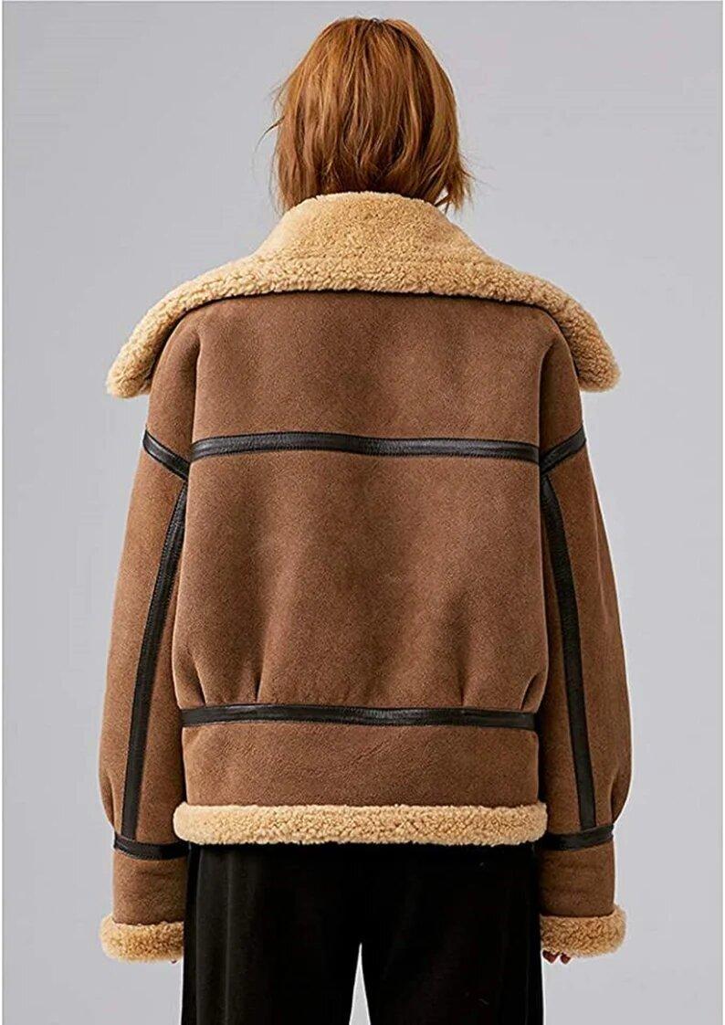 Brown Bomber Shearling Fur Leather Jacket for Women