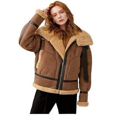 Brown Bomber Shearling Fur Leather Jacket for Women