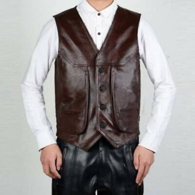 Brown Genuine Sheepskin Biker Vest for Men