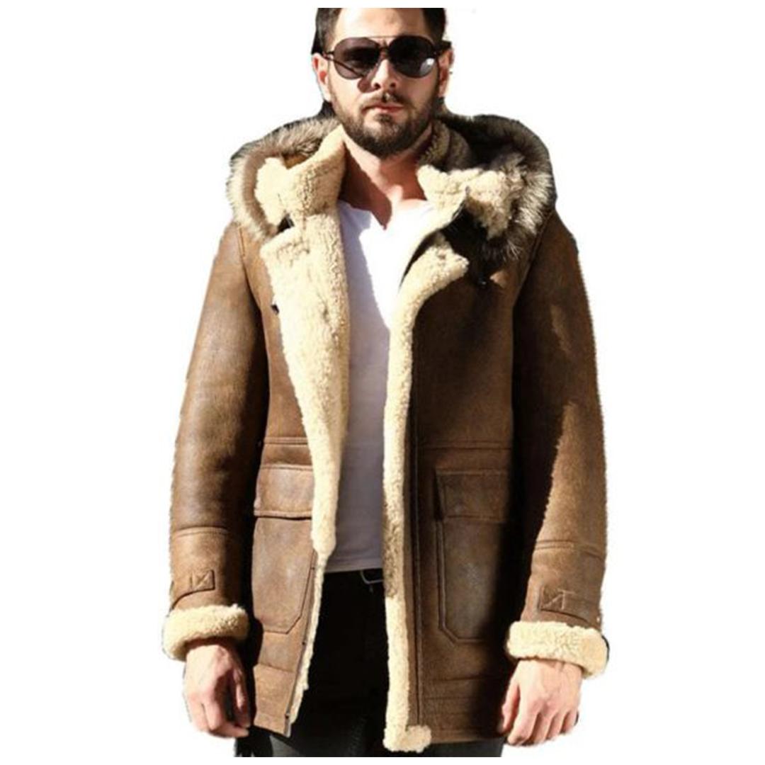 Brown Leather Duster Shearling Trench Coat For Men