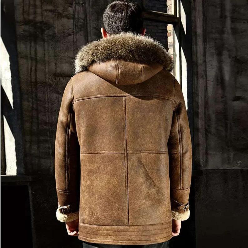 Brown Leather Duster Shearling Trench Coat For Men