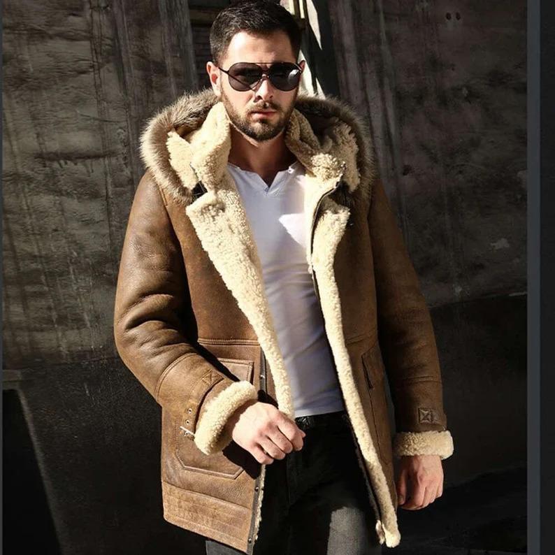 Brown Leather Duster Shearling Trench Coat For Men