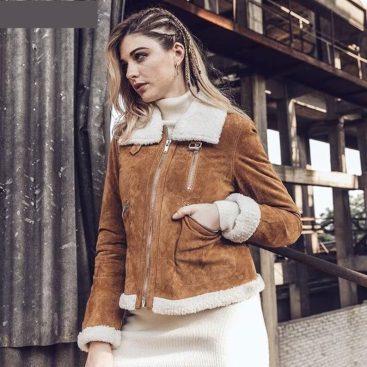 Brown Suede Sheepskin Shearling Fur Jacket for Women