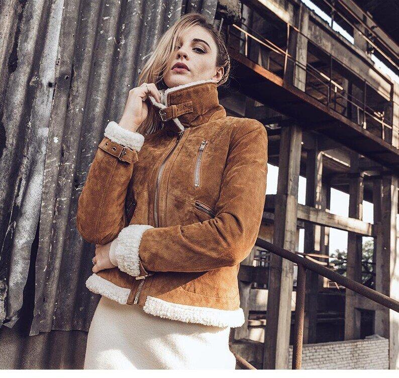 Brown Suede Sheepskin Shearling Fur Jacket for Women