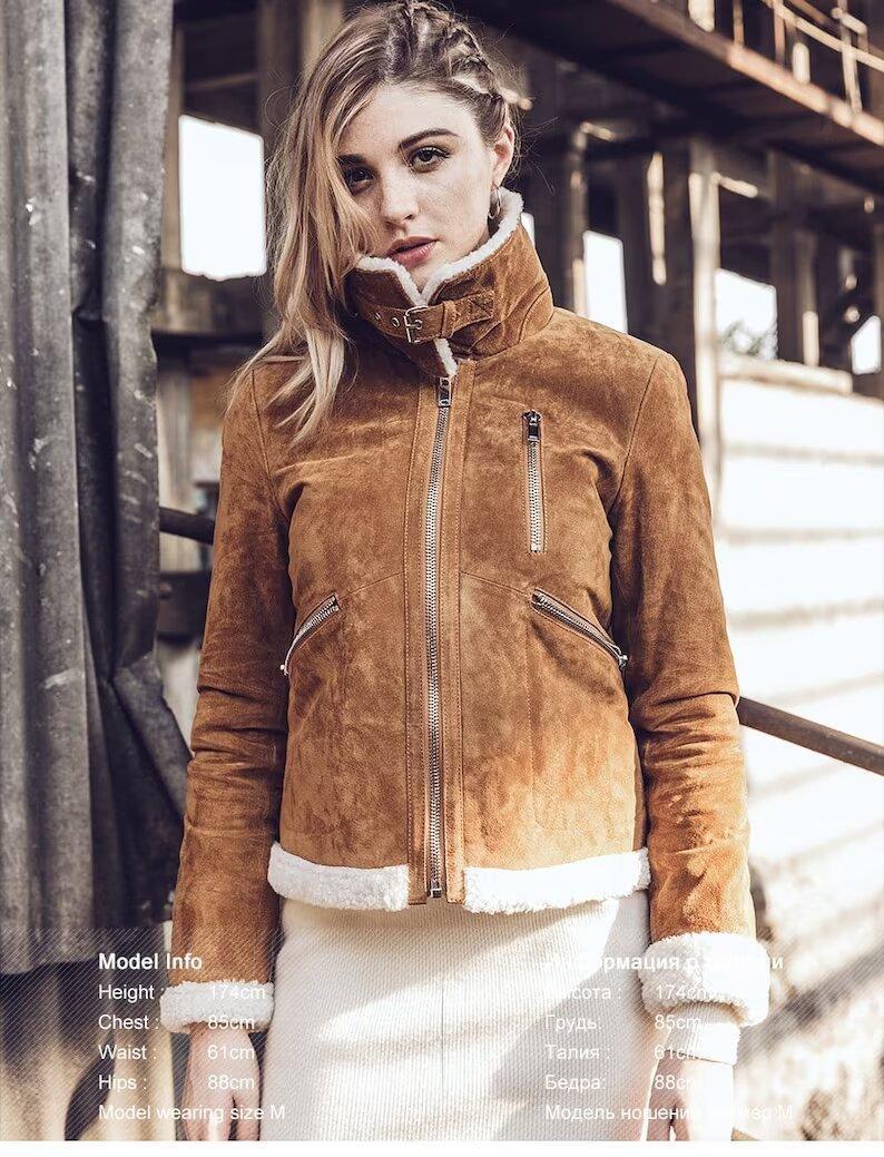 Brown Suede Sheepskin Shearling Fur Jacket for Women