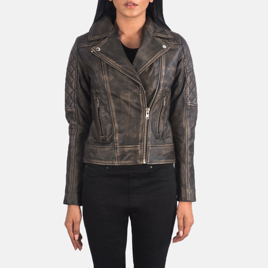 Carolyn Quilted Distressed Brown Biker Jacket