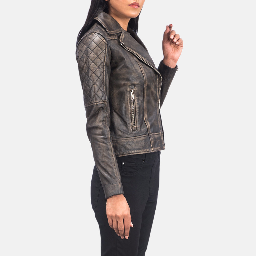 Carolyn Quilted Distressed Brown Biker Jacket