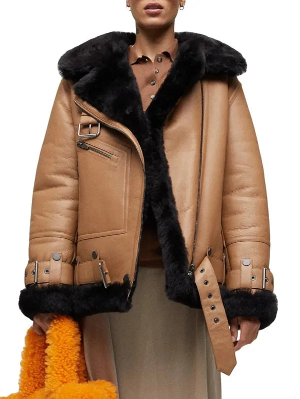 Cognac Brown Women's Aviator Bomber Sherpa Jacket