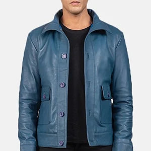 Columbus Blue Leather Bomber Jacket